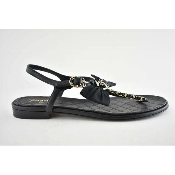 Chanel 20A Black Crystal Bow Lambskin CC Logo Mule Slide Flat Thong Sandal 39.5 - Picture 2 of 12